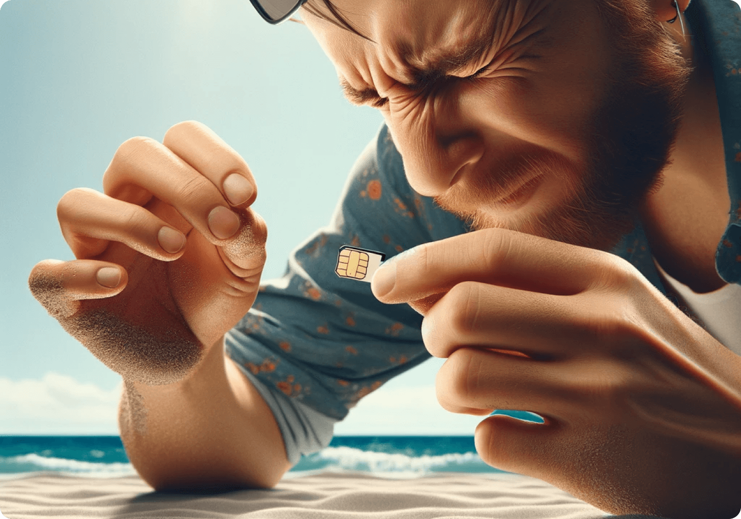 Man at beach trying to find SIM card in sand