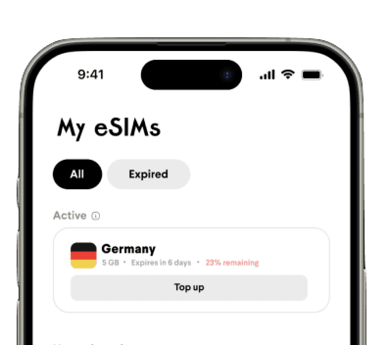 Screenshot of Roaming mobile app that shows button to top up eSIM with more data