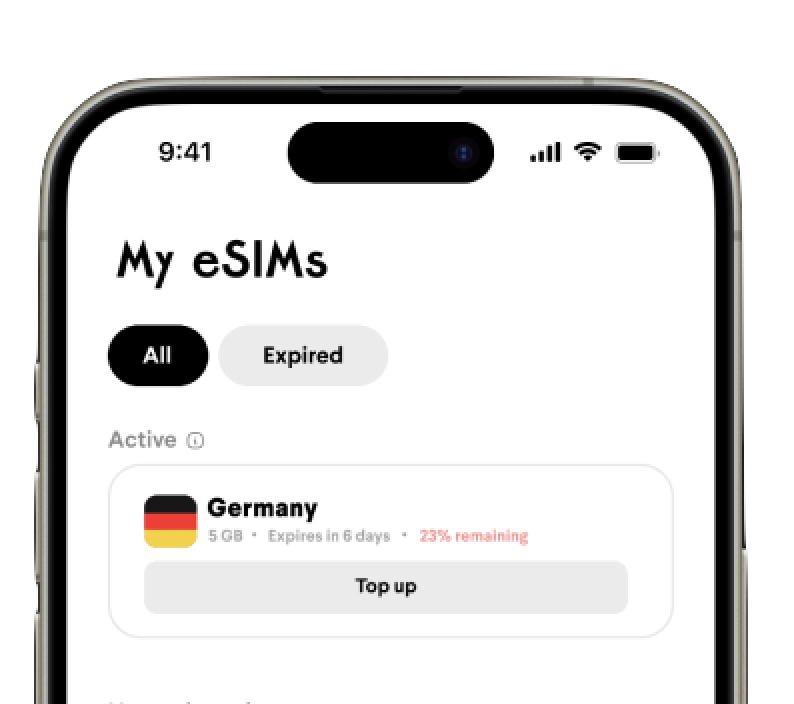 Screenshot of Roaming mobile app that shows button to top up eSIM with more data